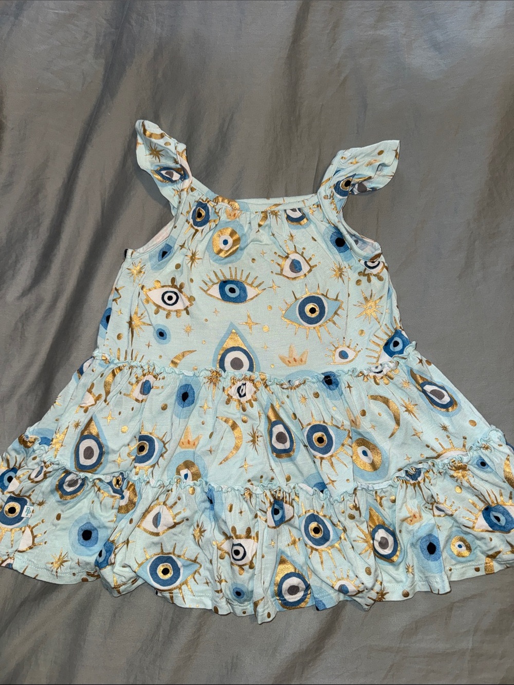 Posh Peanut Light Blue Eye Print Ruffle Dress